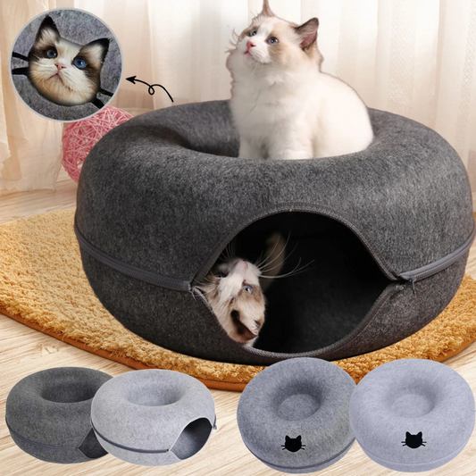 Felt Donut Cat Bed with Breather Hole – 2-in-1 Tunnel & Hideaway