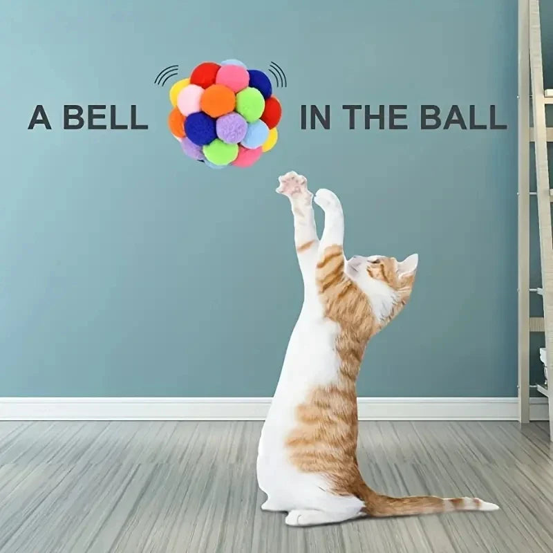 Cat Plush Bell Ball Toy – Colorful Woolen Self-Play Ball